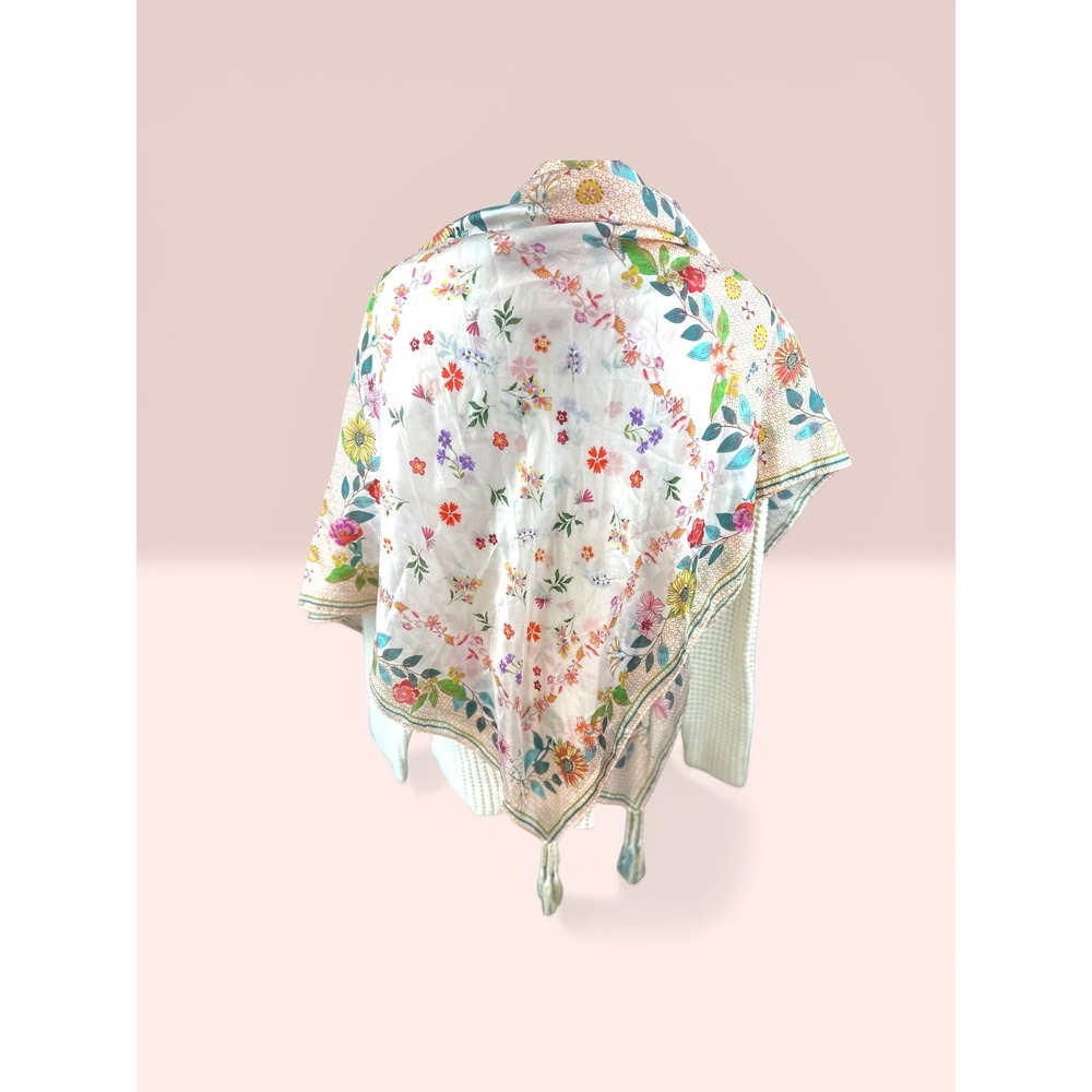 Johnny Was NWTThe Nani Silk Square Scarf Shawl Pink Floral Polka Dot Tassel Boho - Picture 3 of 12